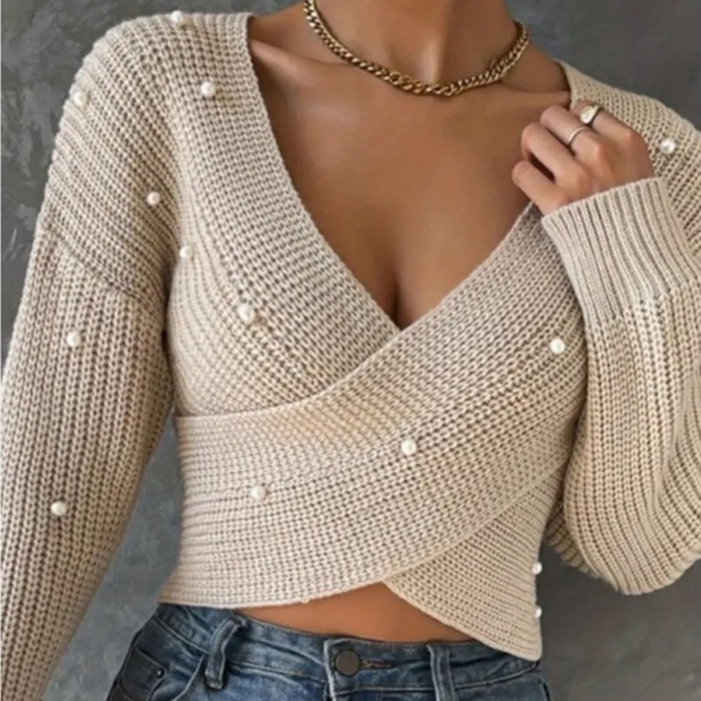 Elegant Cream Sweater with Pearl Accents